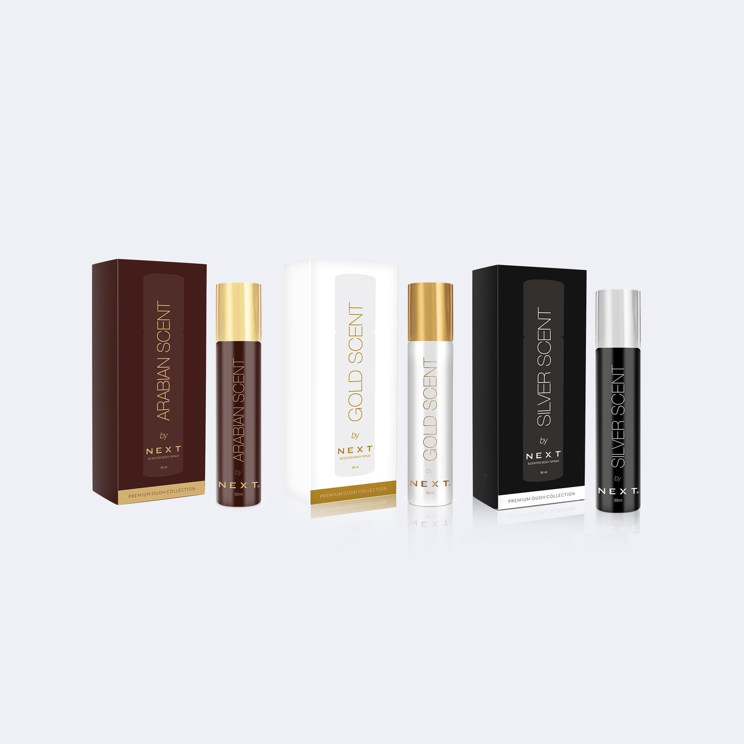 Next combo pack of 3 Luxury Oudh Fragrances - Gold Scent | Arabian Scent| Silver Scent - 30ML EACH